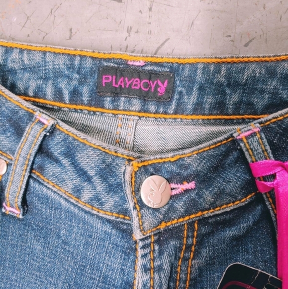 Y2k Deadstock Bedazzled Pink Embroidered Low-rise Playboy Jeans - Picture 6 of 7